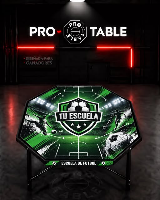 Mesa de foot-table Pro Table con diseño verde personalizado para una escuela de fútbol